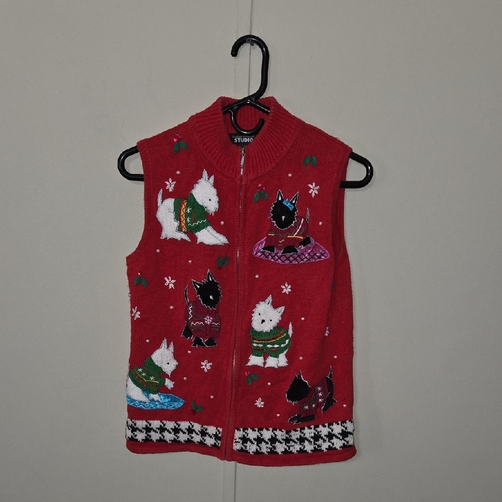 VTG Christmas Dog Sweater Vest Full Zip Women's Size M